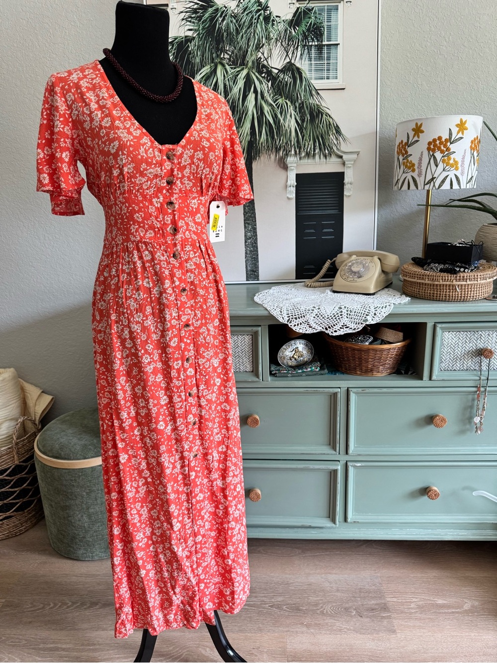 Billabong Coral Floral Button-Front Maxi Dress